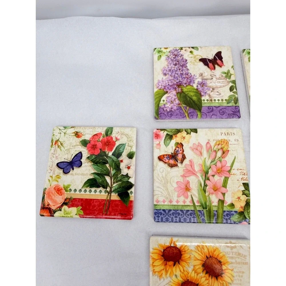 Butterfly Ceramic Coasters Floral French Cottage Country Whimsical Decor 8 Pc